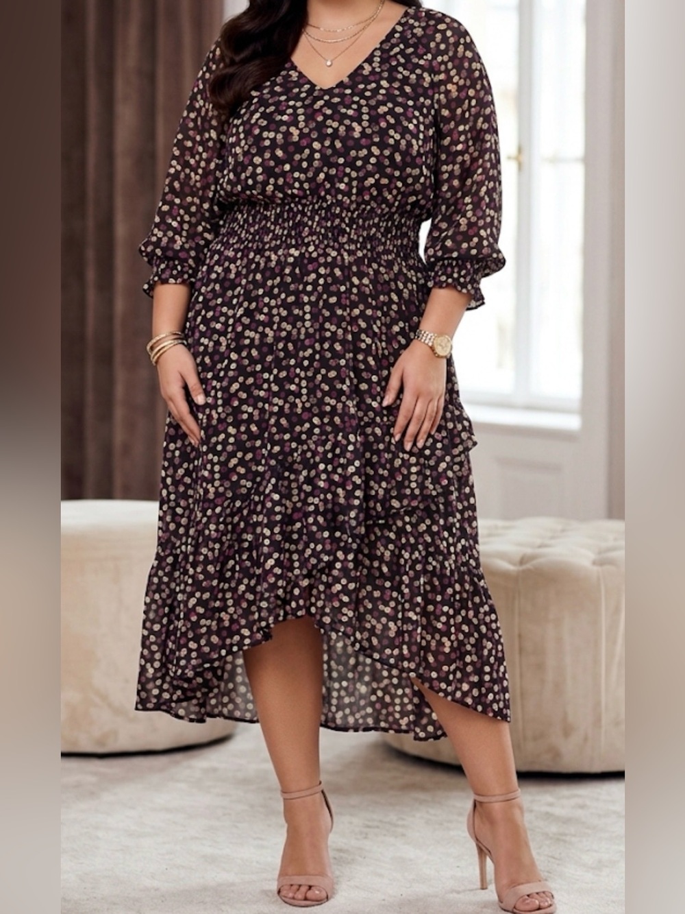 Maison Tara Black Multi Polka Dot Smocked Waist High-Low Midi Dress 18W